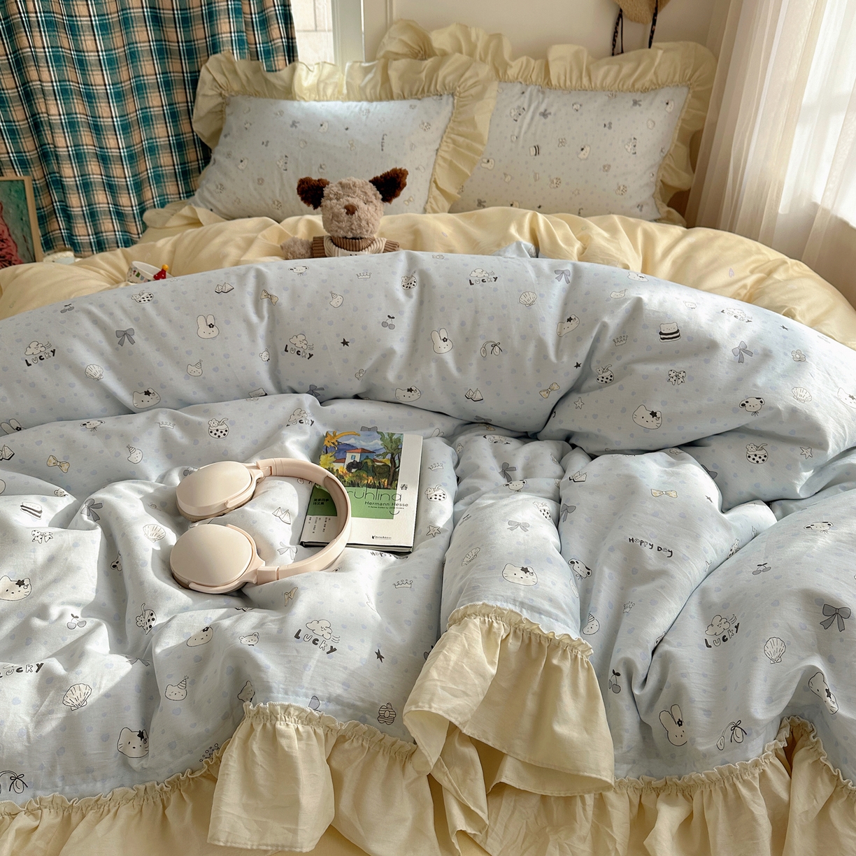 91家纺网 家纺一手货源 找家纺 瑞莱 2026春夏新款全棉纯棉印花韩系卡通花边四件套 欢乐季