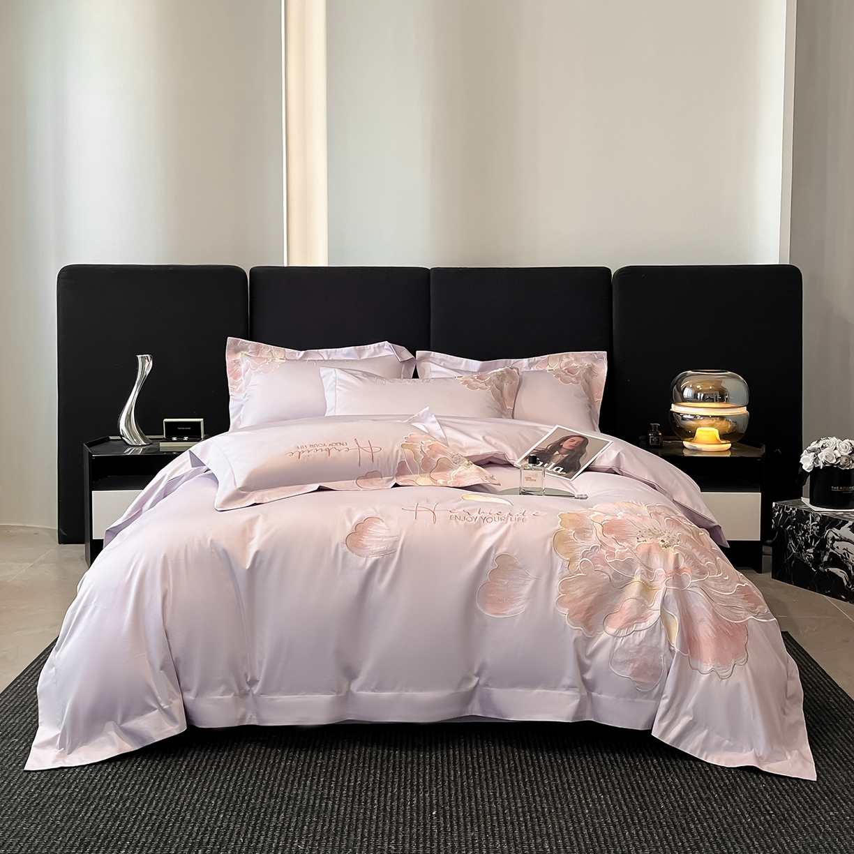 91家纺网 家纺一手货源 找家纺 置顶家纺 2026春夏新款130克磨毛花间集刺绣小清新四件套-风格一 花间集-香芋紫