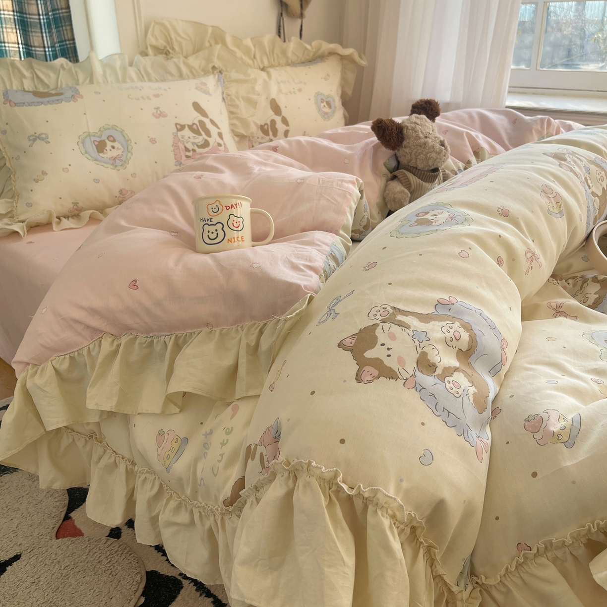 瑞莱 2026春夏新款全棉纯棉印花韩系卡通花边四件套 小萝莉