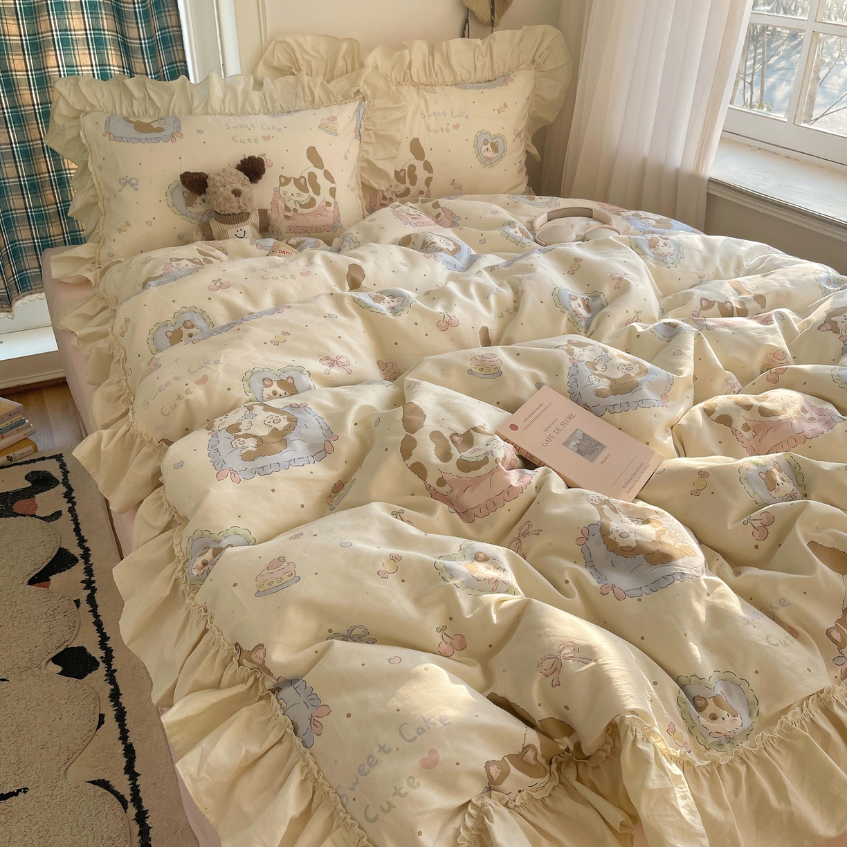 91家纺网 家纺一手货源 找家纺 瑞莱 2026春夏新款全棉纯棉印花韩系卡通花边四件套 小萝莉