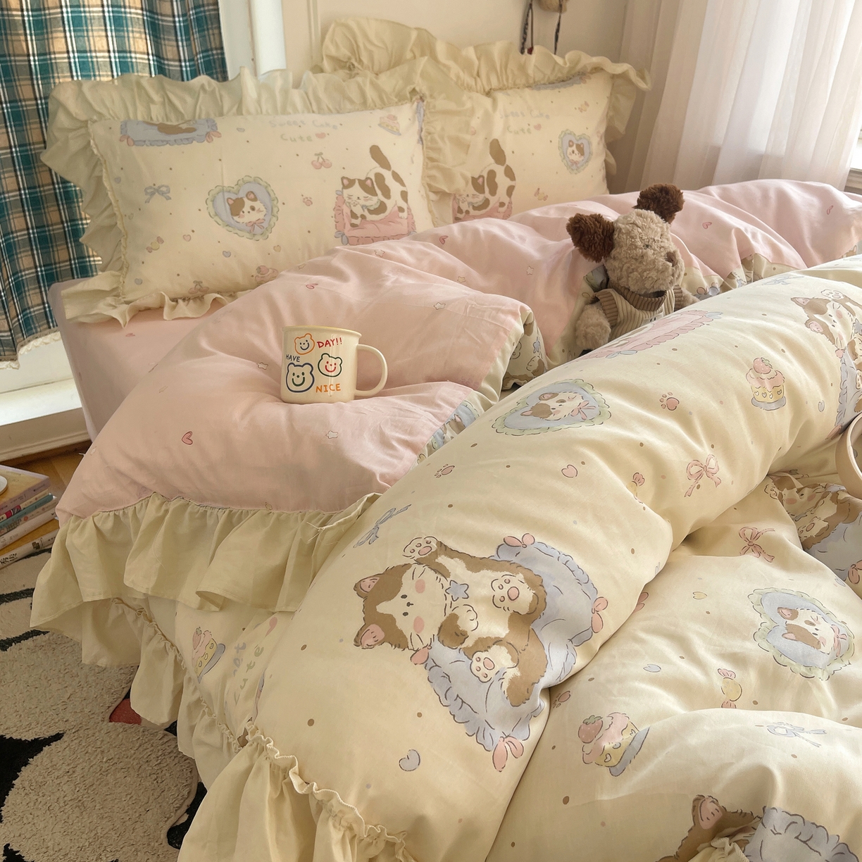 91家纺网 家纺一手货源 找家纺 瑞莱 2026春夏新款全棉纯棉印花韩系卡通花边四件套 小萝莉