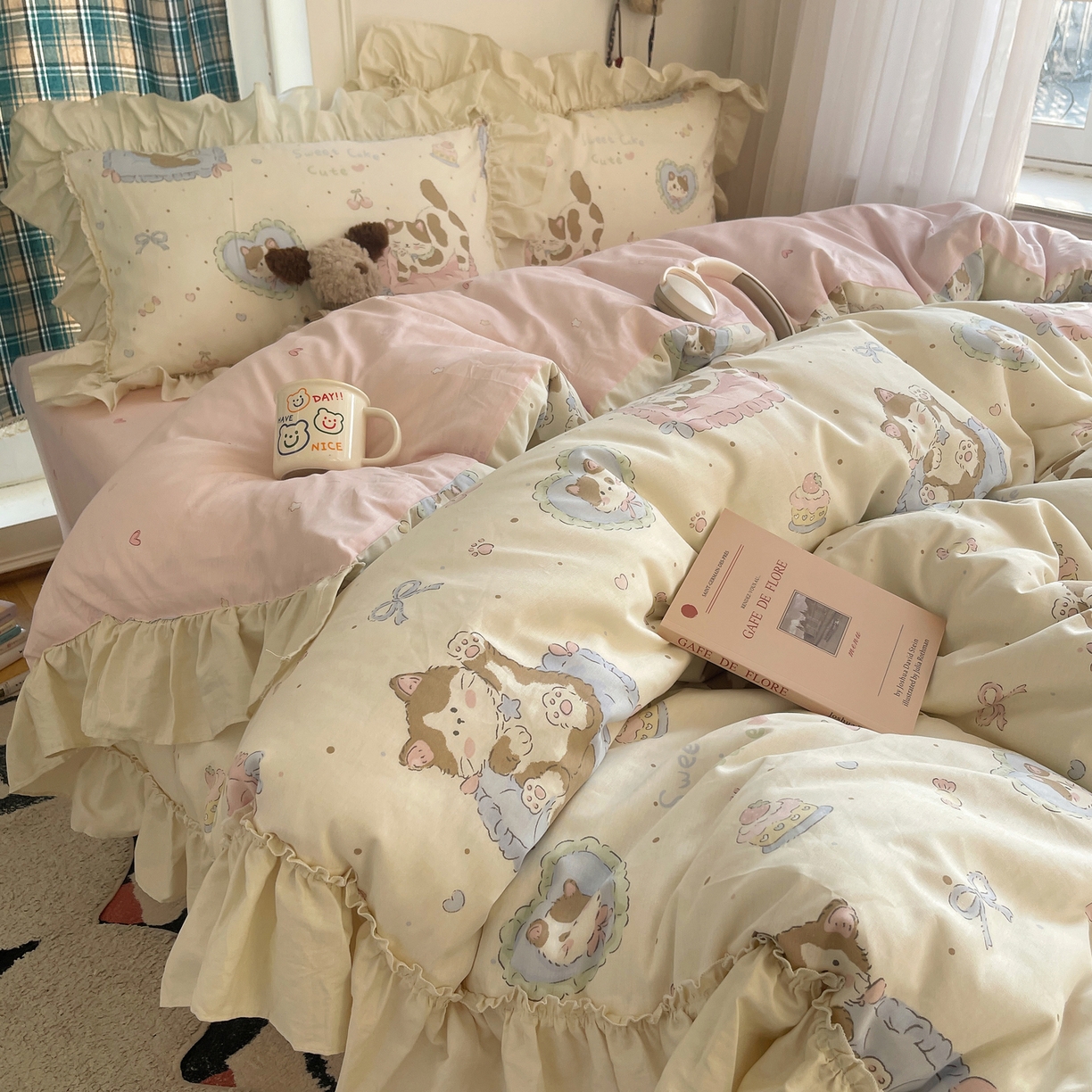 91家纺网 家纺一手货源 找家纺 瑞莱 2026春夏新款全棉纯棉印花韩系卡通花边四件套 小萝莉