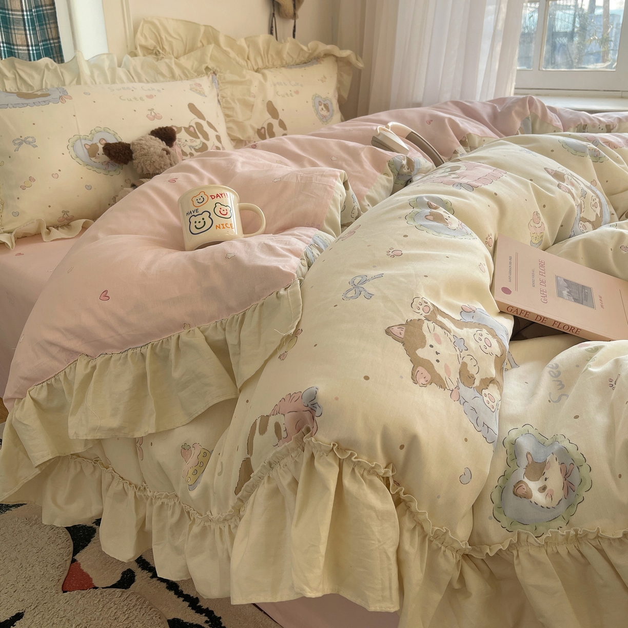 91家纺网 家纺一手货源 找家纺 瑞莱 2026春夏新款全棉纯棉印花韩系卡通花边四件套 小萝莉