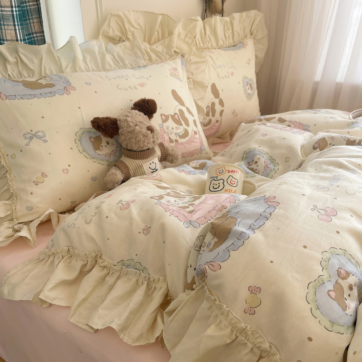 91家纺网 家纺一手货源 找家纺 瑞莱 2026春夏新款全棉纯棉印花韩系卡通花边四件套 小萝莉
