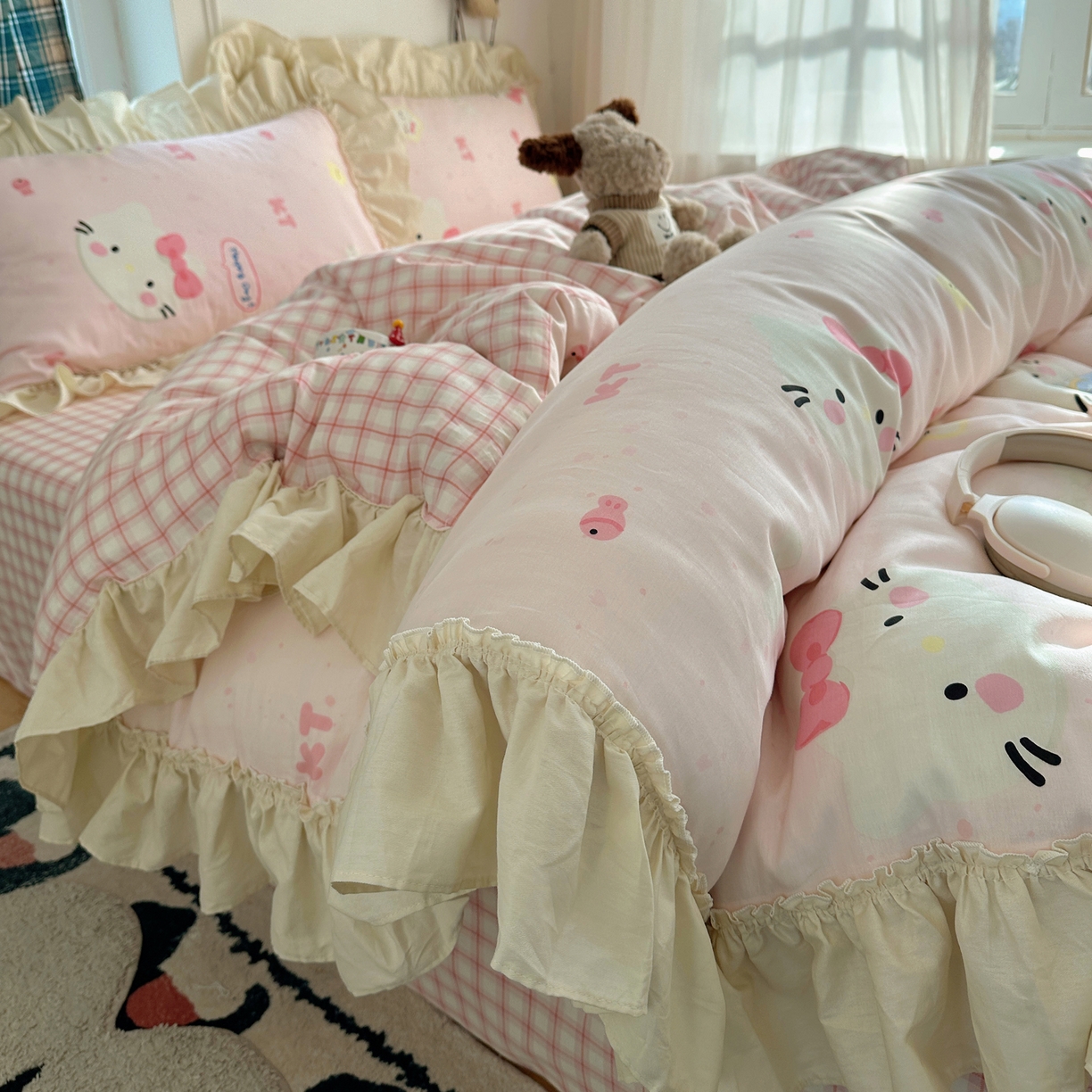 瑞莱 2026春夏新款全棉纯棉印花韩系卡通花边四件套 小猫甜品屋
