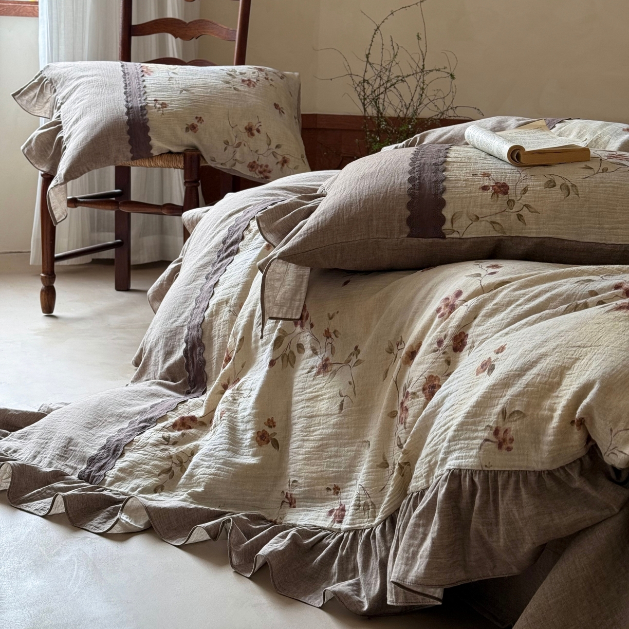 91家纺网 家纺一手货源 找家纺 （总）佳汐蓝家纺 2026春夏新款棉麻皱皱双层纱四件套-古风铃岚 控价：卷后不低于398