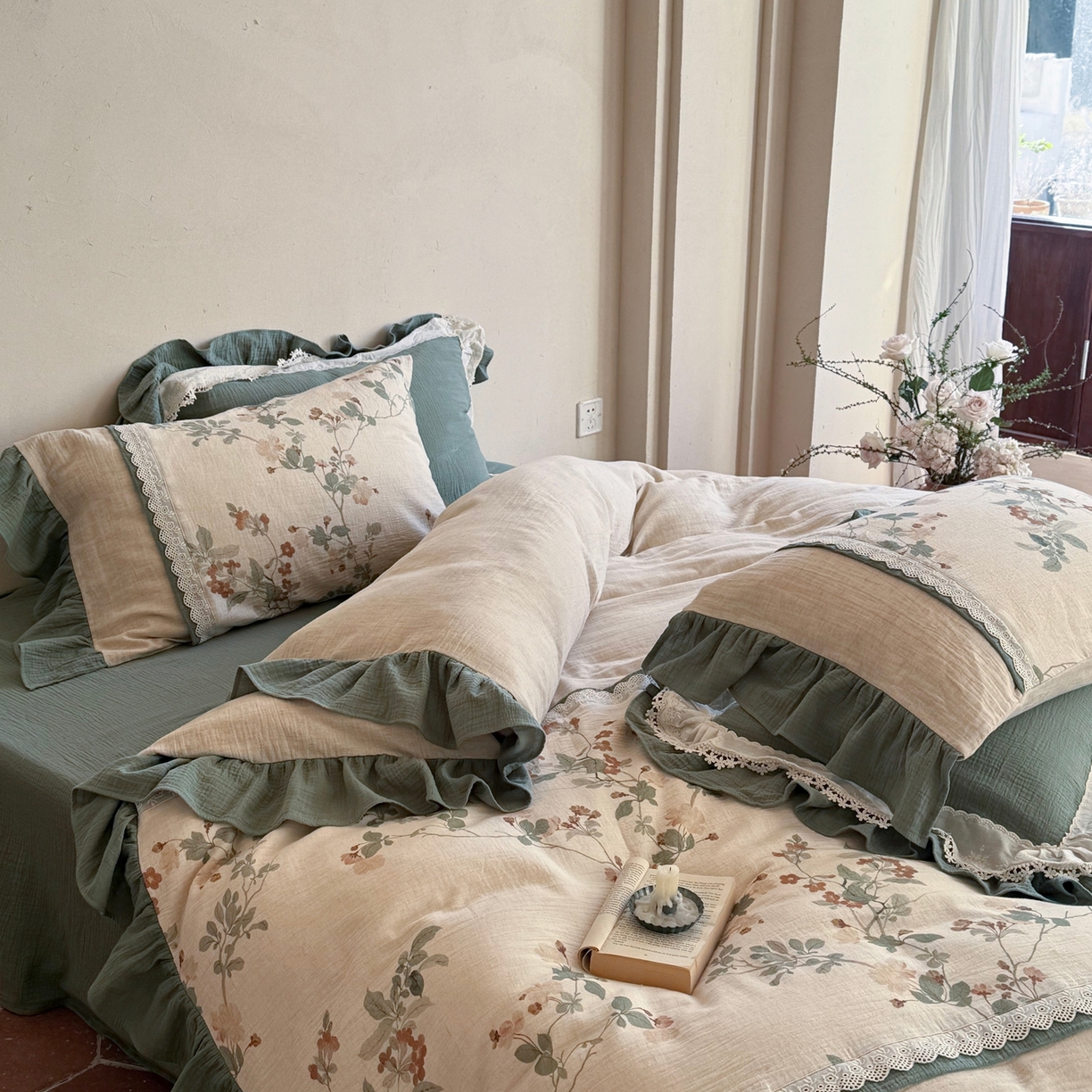 91家纺网 家纺一手货源 找家纺 佳汐蓝家纺 2026春夏新款棉麻皱皱双层纱四件套-栀子茉莉 控价：卷后不低于398 栀子茉莉-绿色床单