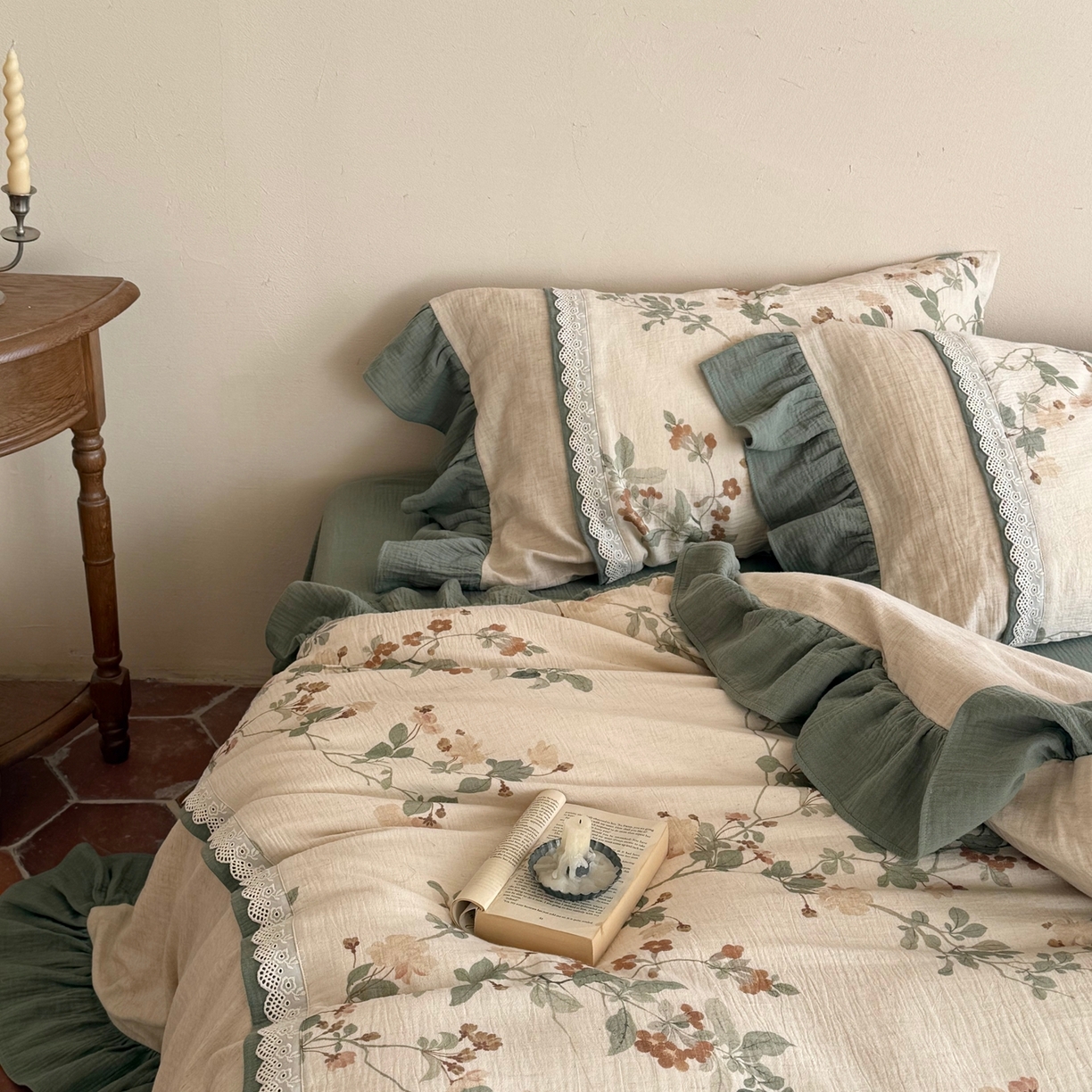 91家纺网 家纺一手货源 找家纺 （总）佳汐蓝家纺 2026春夏新款棉麻皱皱双层纱四件套-栀子茉莉 控价：卷后不低于398