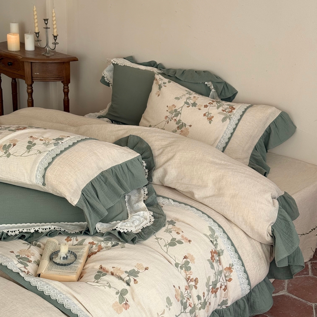 91家纺网 家纺一手货源 找家纺 （总）佳汐蓝家纺 2026春夏新款棉麻皱皱双层纱四件套-栀子茉莉 控价：卷后不低于398