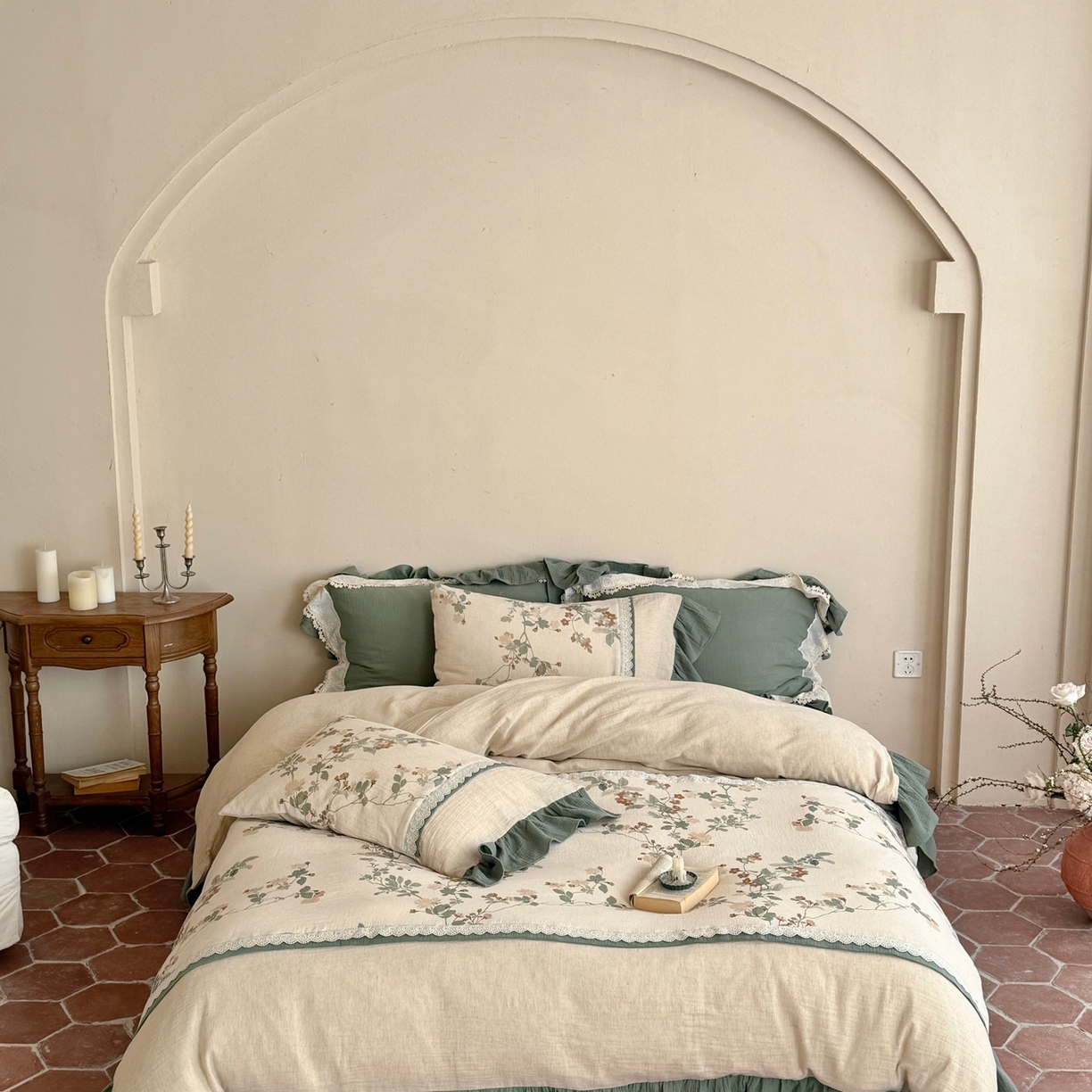 91家纺网 家纺一手货源 找家纺 佳汐蓝家纺 2026春夏新款棉麻皱皱双层纱四件套-栀子茉莉 控价：卷后不低于398 栀子茉莉-麻色床单