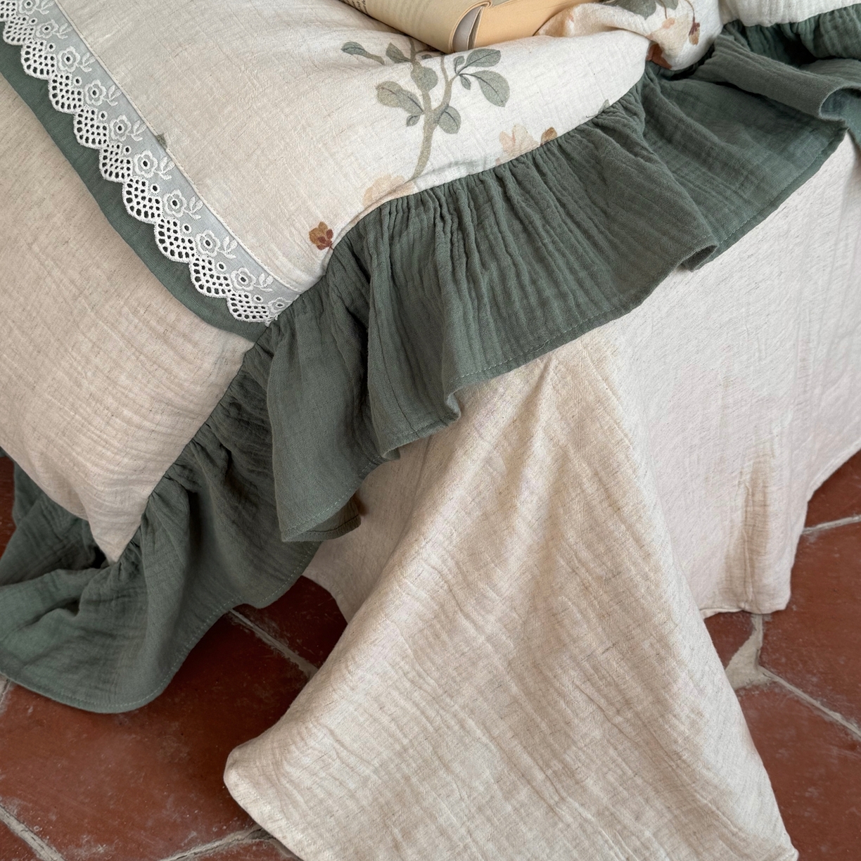 91家纺网 家纺一手货源 找家纺 佳汐蓝家纺 2026春夏新款棉麻皱皱双层纱四件套-栀子茉莉 控价：卷后不低于398 栀子茉莉-麻色床单