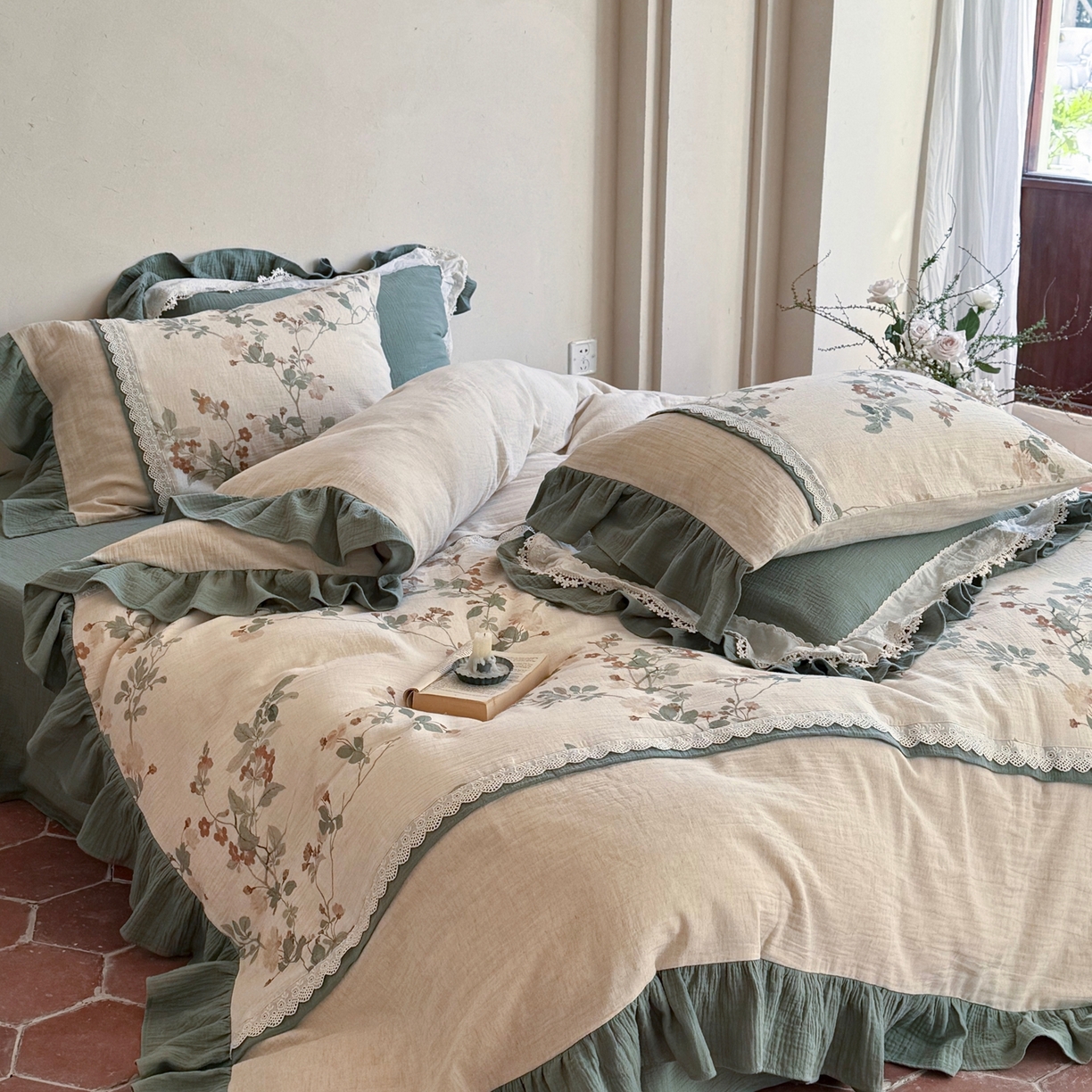 91家纺网 家纺一手货源 找家纺 佳汐蓝家纺 2026春夏新款棉麻皱皱双层纱四件套-栀子茉莉 控价：卷后不低于398 栀子茉莉-绿色床单