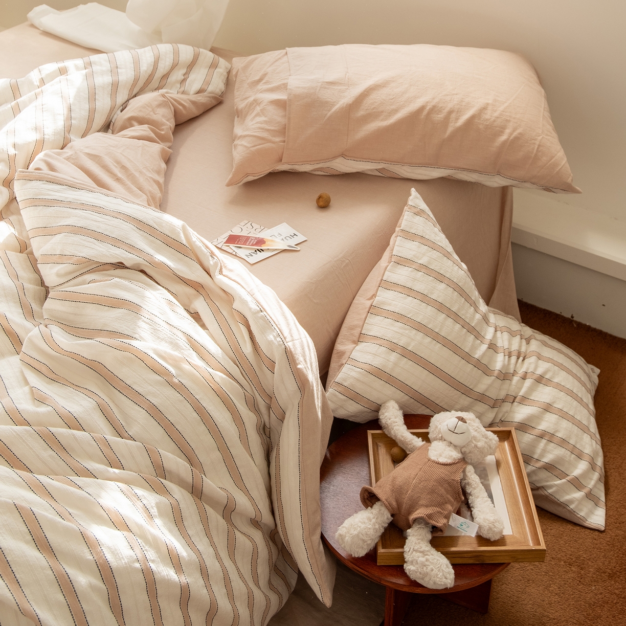 91家纺网 家纺一手货源 找家纺 （总）仰望棉麻双层纱供应链 2026新款浅香桃栗全棉纯棉色织提花四件套