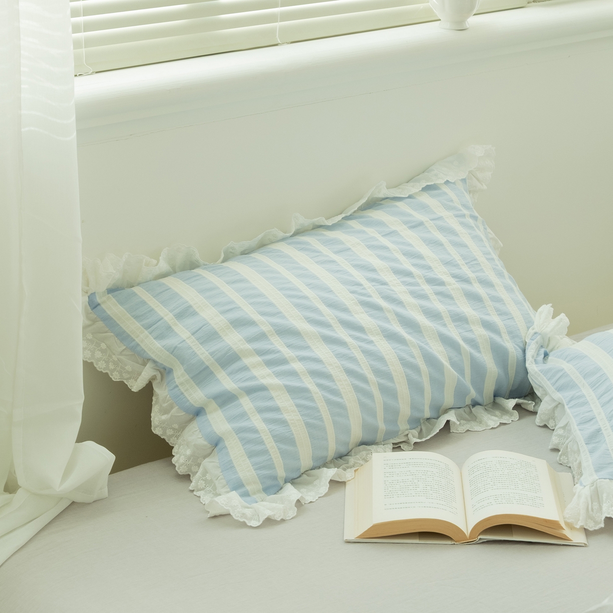 91家纺网 家纺一手货源 找家纺 （总）仰望棉麻双层纱供应链 2026新款蓝色海洋色织提花蕾丝花边款四件套