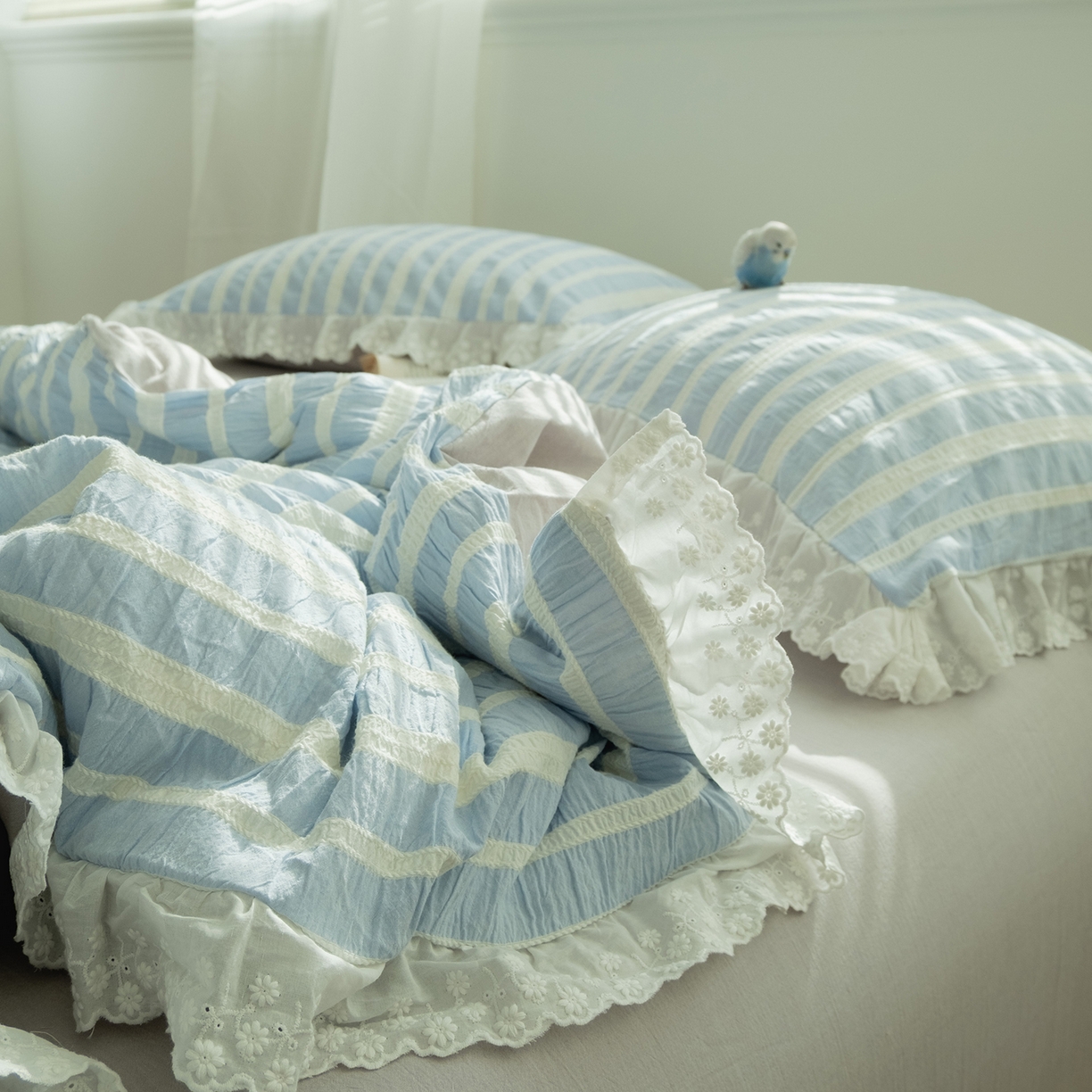 91家纺网 家纺一手货源 找家纺 （总）仰望棉麻双层纱供应链 2026新款蓝色海洋色织提花蕾丝花边款四件套