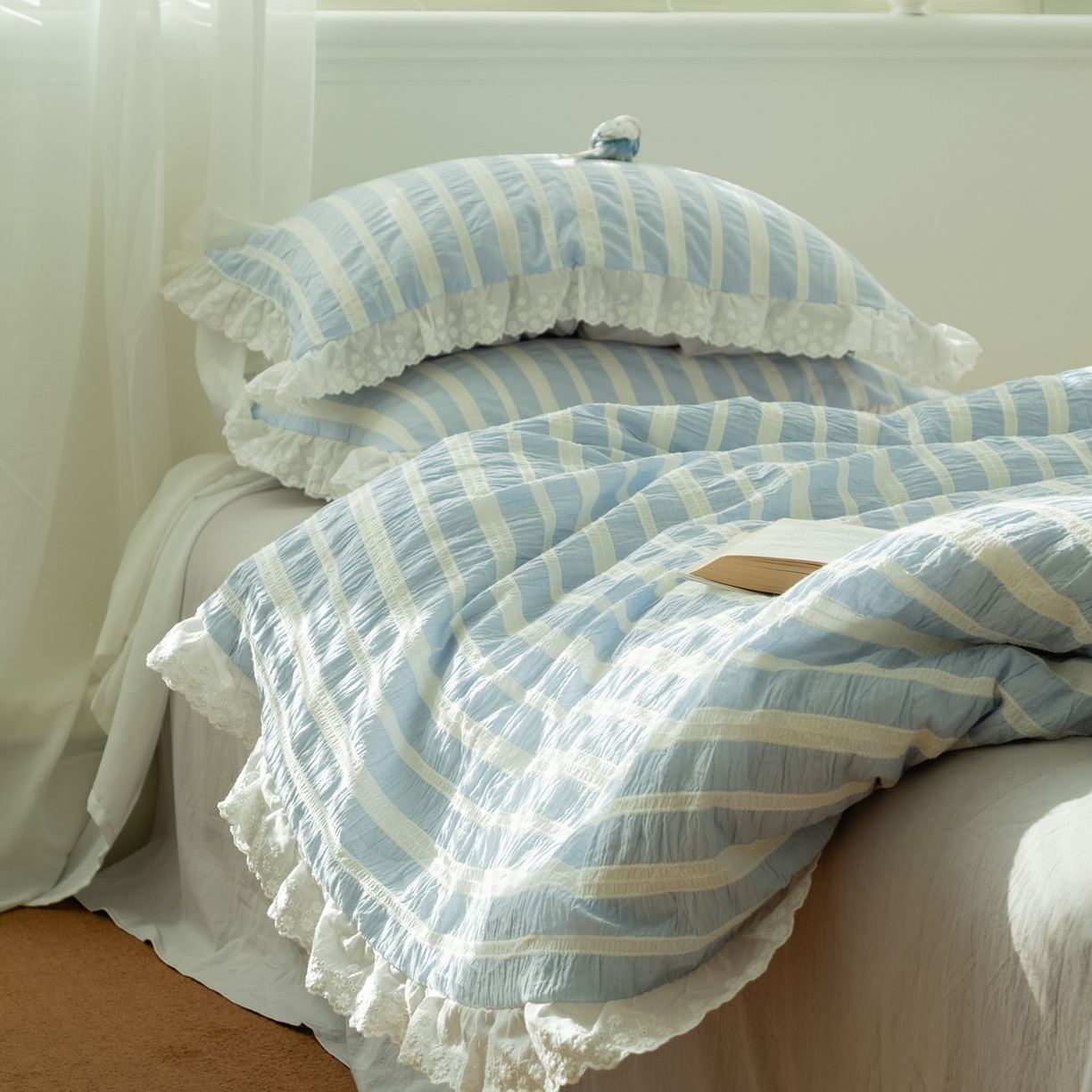 91家纺网 家纺一手货源 找家纺 （总）仰望棉麻双层纱供应链 2026新款蓝色海洋色织提花蕾丝花边款四件套