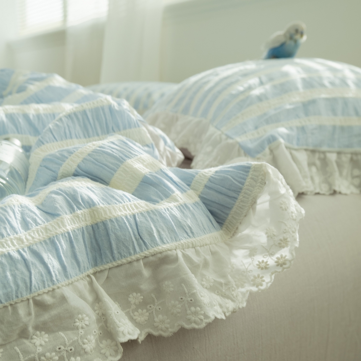 91家纺网 家纺一手货源 找家纺 （总）仰望棉麻双层纱供应链 2026新款蓝色海洋色织提花蕾丝花边款四件套