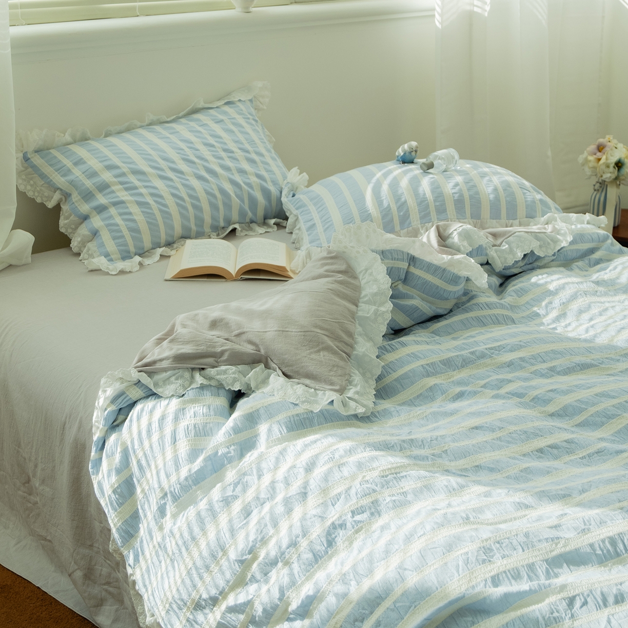 91家纺网 家纺一手货源 找家纺 （总）仰望棉麻双层纱供应链 2026新款蓝色海洋色织提花蕾丝花边款四件套