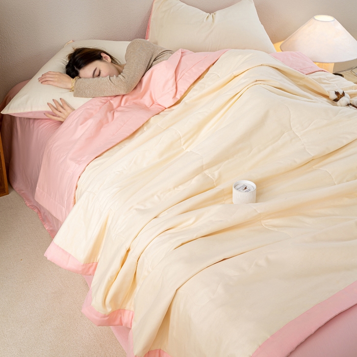 91家纺网 家纺一手货源 找家纺 憨豆家纺 2026新款全棉纯棉棉花夏被夏凉被空调被直播（包检测）风格二 浅粉+奶昔白