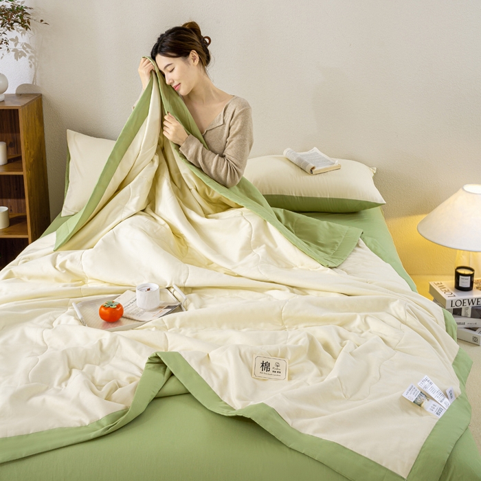 91家纺网 家纺一手货源 找家纺 憨豆家纺 2026新款全棉纯棉棉花夏被夏凉被空调被直播（包检测）风格二 果绿+奶昔白