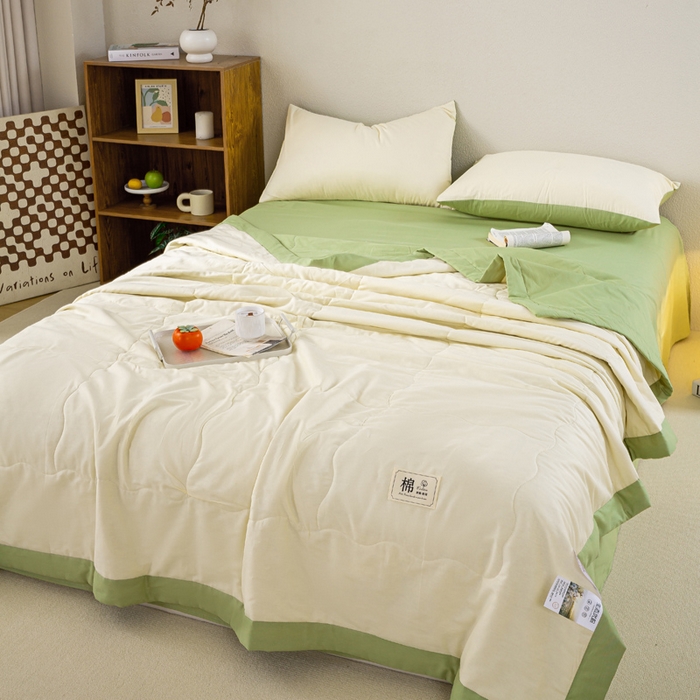 91家纺网 家纺一手货源 找家纺 憨豆家纺 2026新款全棉纯棉棉花夏被夏凉被空调被直播（包检测）风格二 果绿+奶昔白