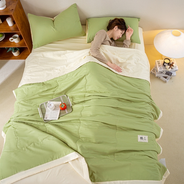 91家纺网 家纺一手货源 找家纺 憨豆家纺 2026新款全棉纯棉棉花夏被夏凉被空调被直播（包检测）风格二 奶昔白+果绿