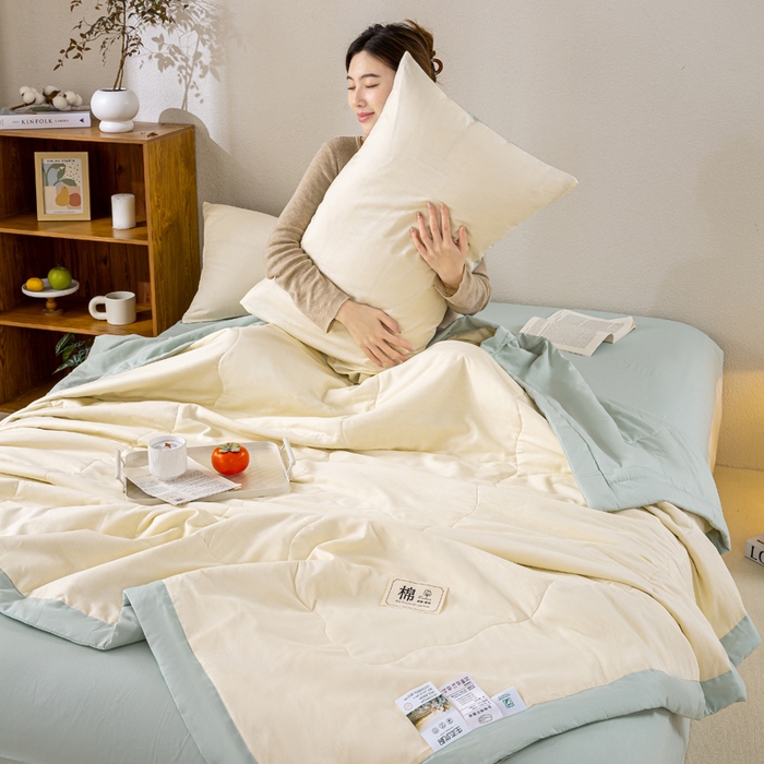 91家纺网 家纺一手货源 找家纺 憨豆家纺 2026新款全棉纯棉棉花夏被夏凉被空调被直播（包检测）风格二 抹茶绿+奶昔白