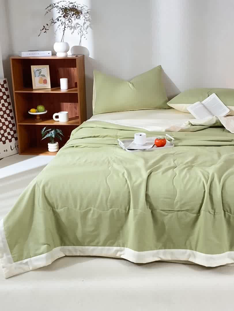 91家纺网 家纺一手货源 找家纺 憨豆家纺 2026新款全棉纯棉棉花夏被夏凉被空调被直播（包检测）风格二 奶昔白+果绿