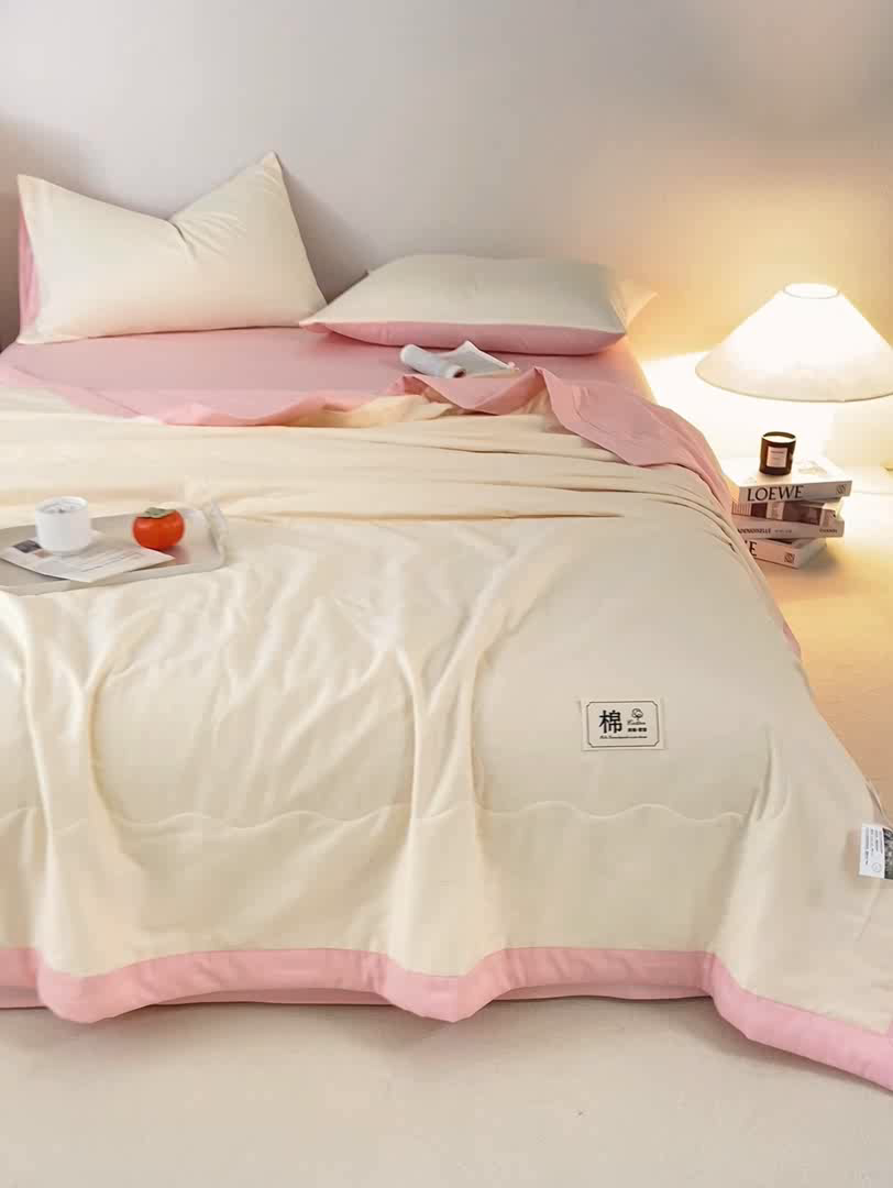 91家纺网 家纺一手货源 找家纺 憨豆家纺 2026新款全棉纯棉棉花夏被夏凉被空调被直播（包检测）风格二 浅粉+奶昔白