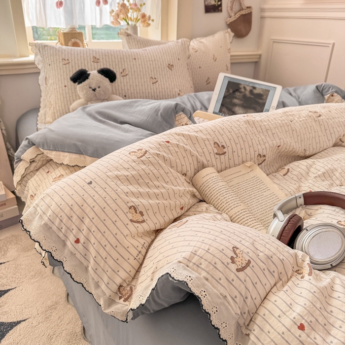 91家纺网 家纺一手货源 找家纺 （总）仟网汇 2026新款A类仿棉古法水洗棉法式小清新花边四件套