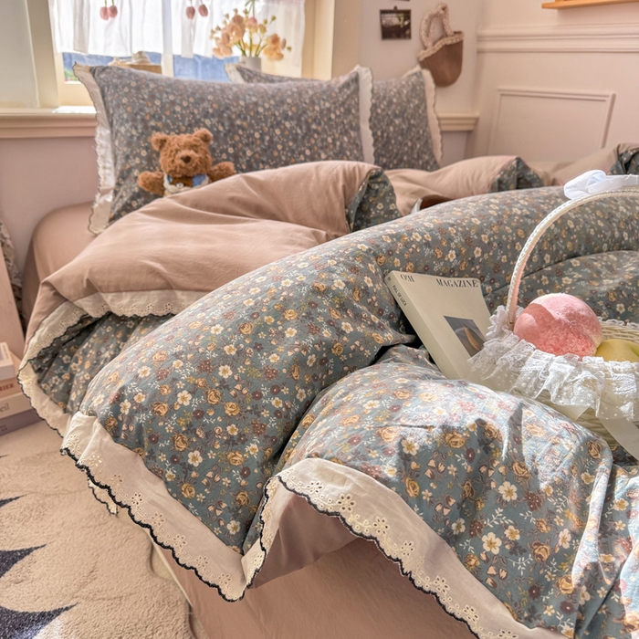 91家纺网 家纺一手货源 找家纺 （总）仟网汇 2026新款A类仿棉古法水洗棉法式小清新花边四件套