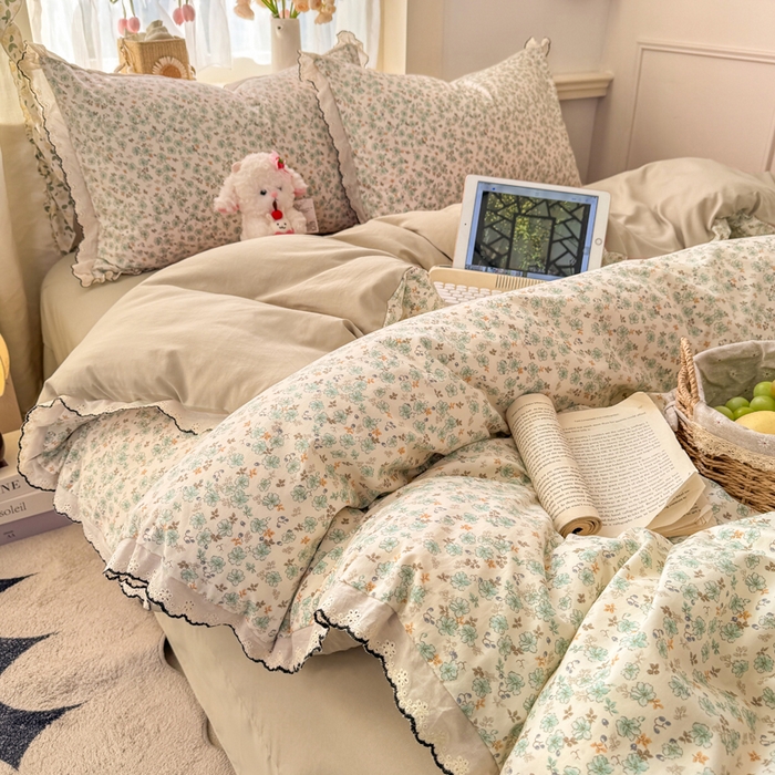 91家纺网 家纺一手货源 找家纺 （总）仟网汇 2026新款A类仿棉古法水洗棉法式小清新花边四件套