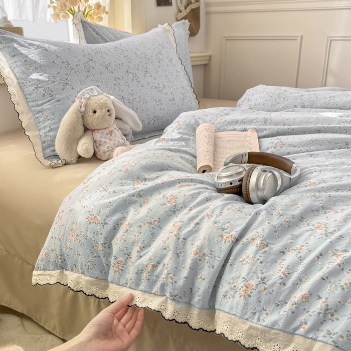 91家纺网 家纺一手货源 找家纺 仟网汇 2026新款A类仿棉古法水洗棉法式小清新花边四件套 赛琳娜