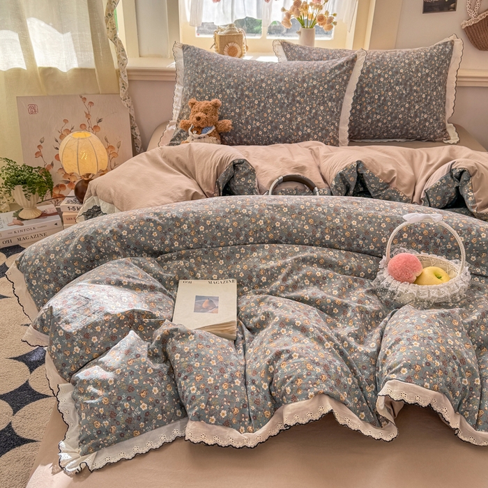 91家纺网 家纺一手货源 找家纺 仟网汇 2026新款A类仿棉古法水洗棉法式小清新花边四件套 絮语