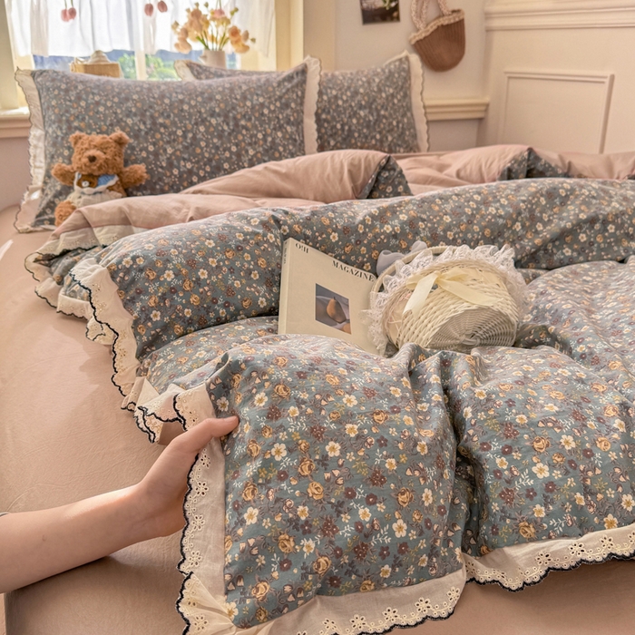 91家纺网 家纺一手货源 找家纺 仟网汇 2026新款A类仿棉古法水洗棉法式小清新花边四件套 絮语