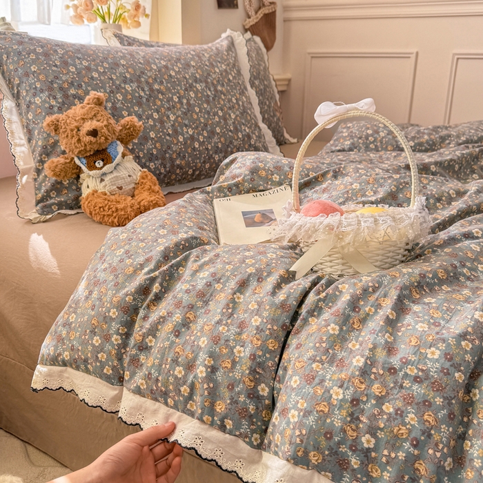 91家纺网 家纺一手货源 找家纺 仟网汇 2026新款A类仿棉古法水洗棉法式小清新花边四件套 絮语