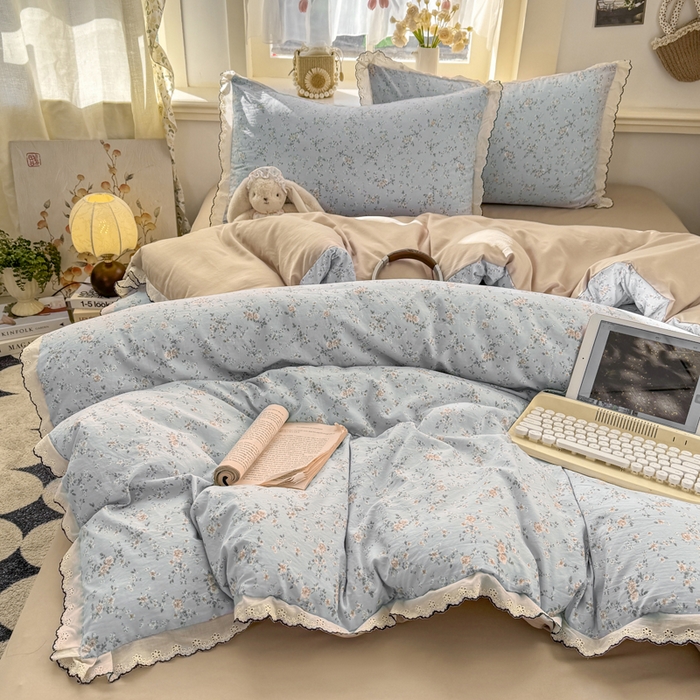 91家纺网 家纺一手货源 找家纺 仟网汇 2026新款A类仿棉古法水洗棉法式小清新花边四件套 赛琳娜