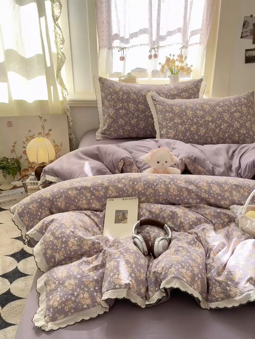 91家纺网 家纺一手货源 找家纺 （总）仟网汇 2026新款A类仿棉古法水洗棉法式小清新花边四件套