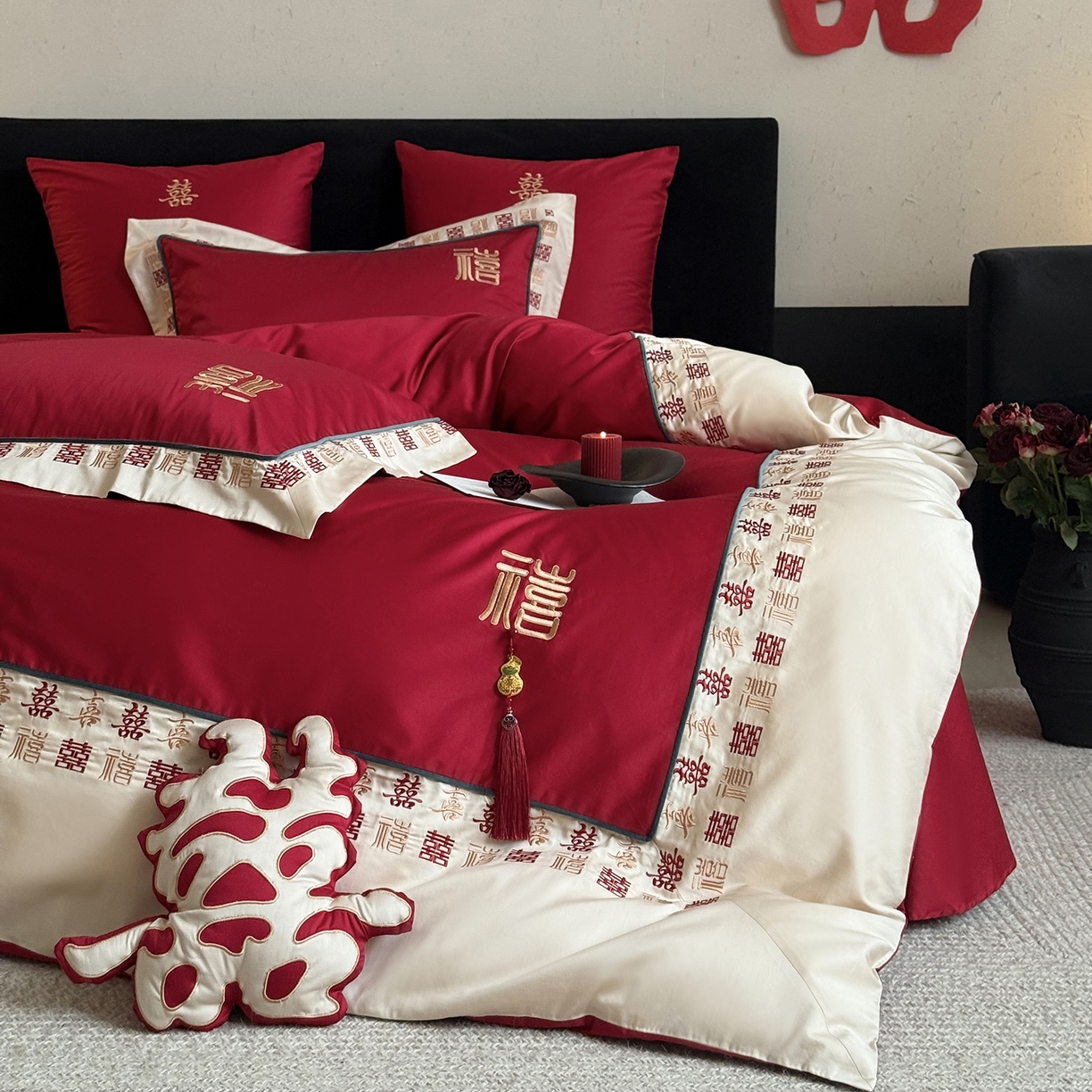 91家纺网 家纺一手货源 找家纺 （总）江涞 2026新款100支长绒棉进口高端刺绣可摘卸流苏四件套-迎喜（淘宝券后不低于 418/438）