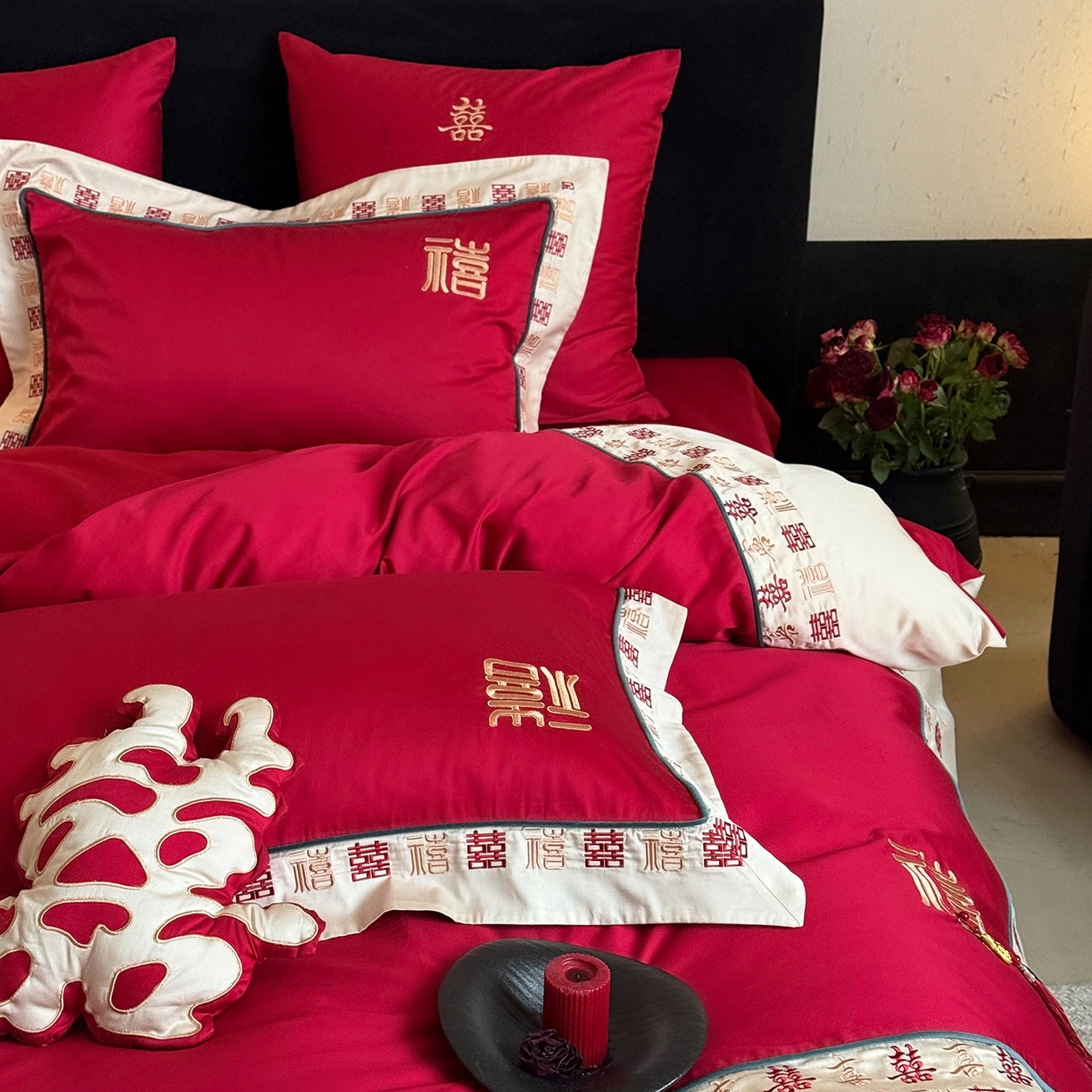 91家纺网 家纺一手货源 找家纺 （总）江涞 2026新款100支长绒棉进口高端刺绣可摘卸流苏四件套-迎喜（淘宝券后不低于 418/438）