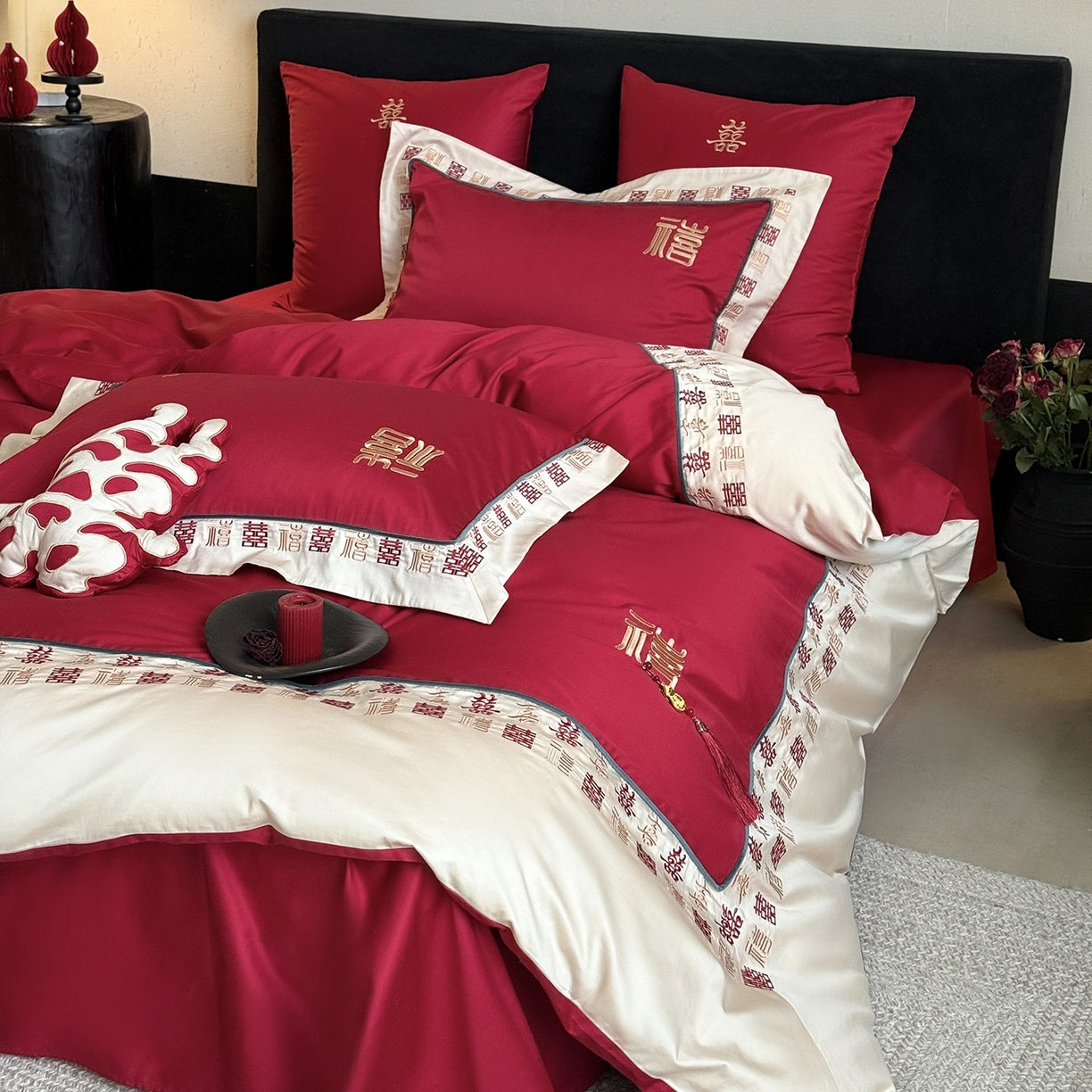 91家纺网 家纺一手货源 找家纺 （总）江涞 2026新款100支长绒棉进口高端刺绣可摘卸流苏四件套-迎喜（淘宝券后不低于 418/438）