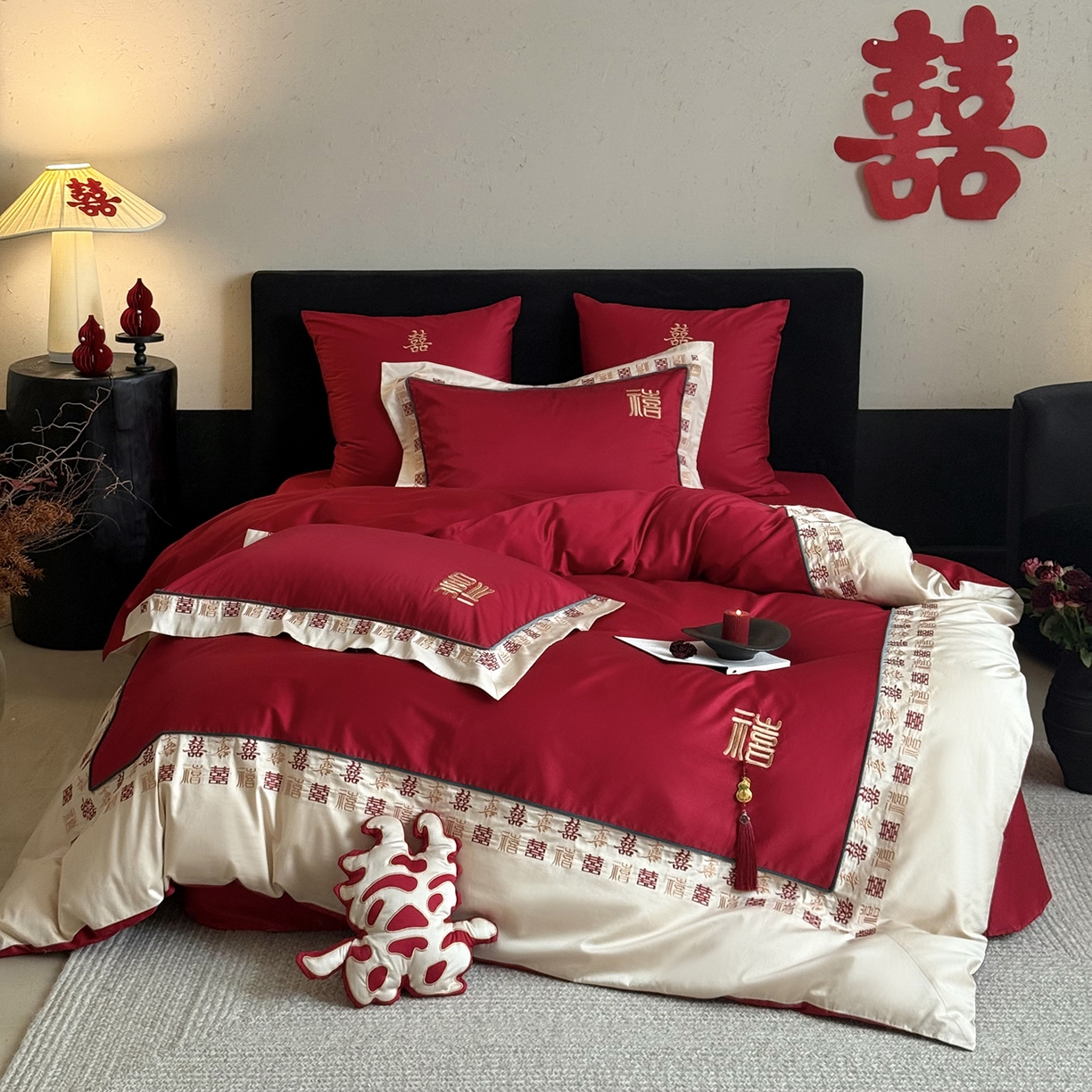 91家纺网 家纺一手货源 找家纺 （总）江涞 2026新款100支长绒棉进口高端刺绣可摘卸流苏四件套-迎喜（淘宝券后不低于 418/438）