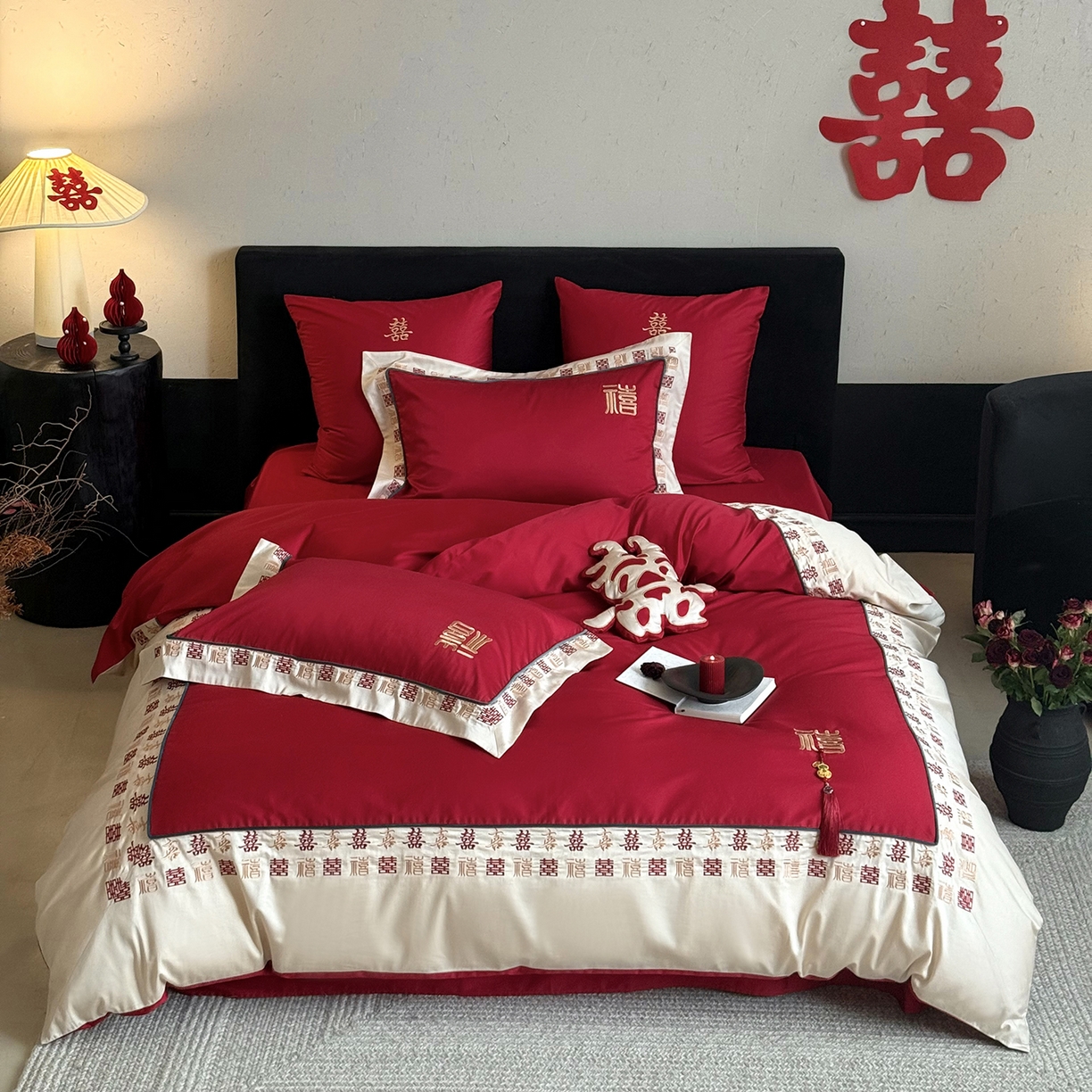 91家纺网 家纺一手货源 找家纺 （总）江涞 2026新款100支长绒棉进口高端刺绣可摘卸流苏四件套-迎喜（淘宝券后不低于 418/438）