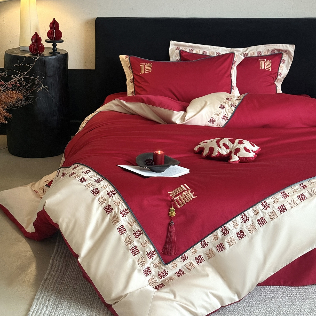 91家纺网 家纺一手货源 找家纺 （总）江涞 2026新款100支长绒棉进口高端刺绣可摘卸流苏四件套-迎喜（淘宝券后不低于 418/438）