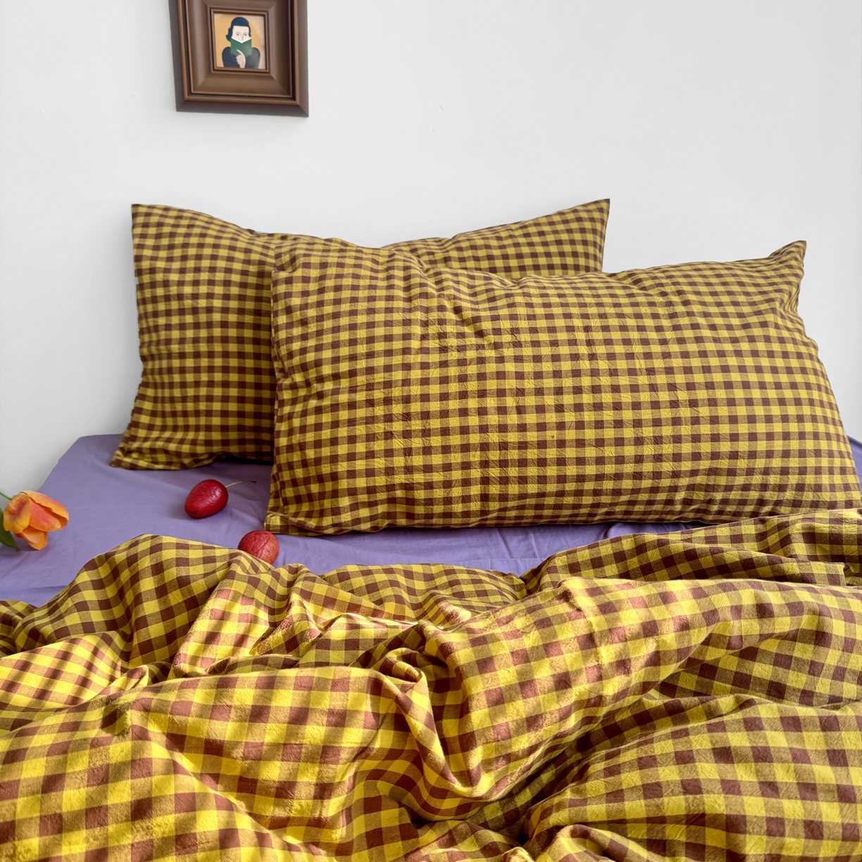 91家纺网 家纺一手货源 找家纺 例外 2026新款布拉格ins风色织水洗棉四件套 布拉格-黄棕（梦紫底）