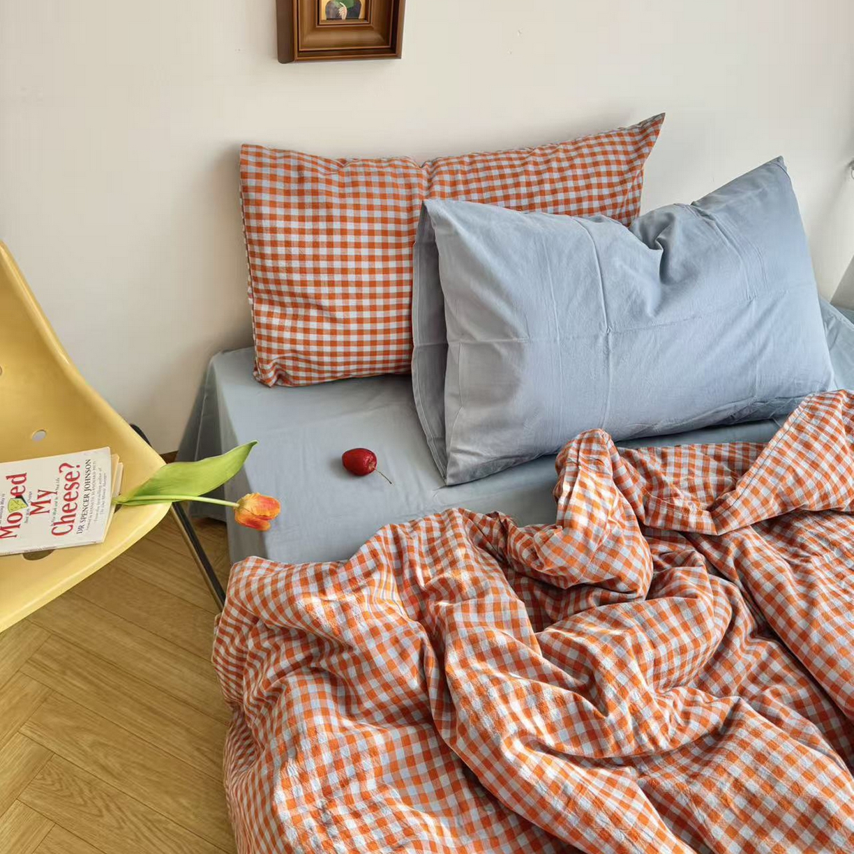 91家纺网 家纺一手货源 找家纺 例外 2026新款布拉格ins风色织水洗棉四件套 布拉格-橘（灰蓝底）