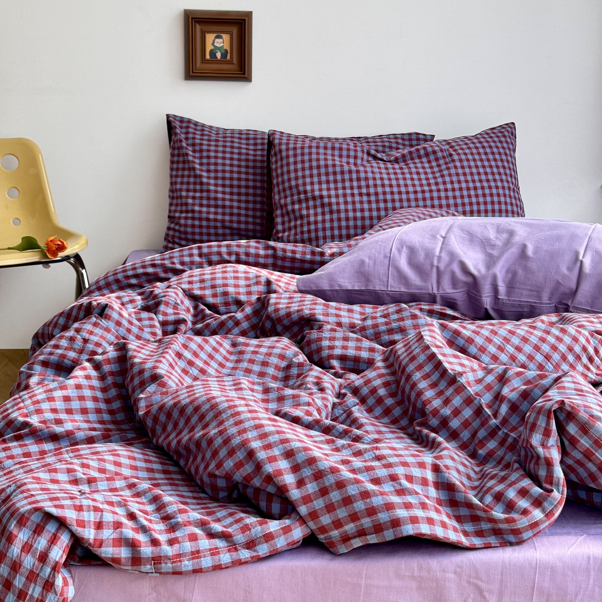 91家纺网 家纺一手货源 找家纺 例外 2026新款布拉格ins风色织水洗棉四件套 布拉格-臧红（梦紫底）