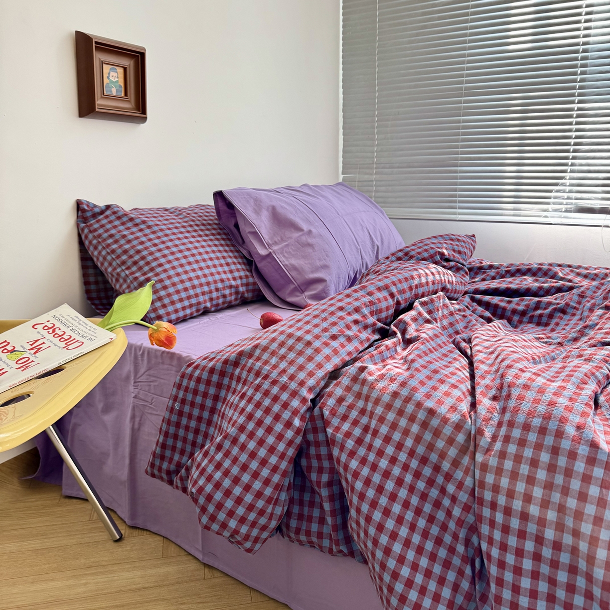 91家纺网 家纺一手货源 找家纺 例外 2026新款布拉格ins风色织水洗棉四件套 布拉格-臧红（梦紫底）