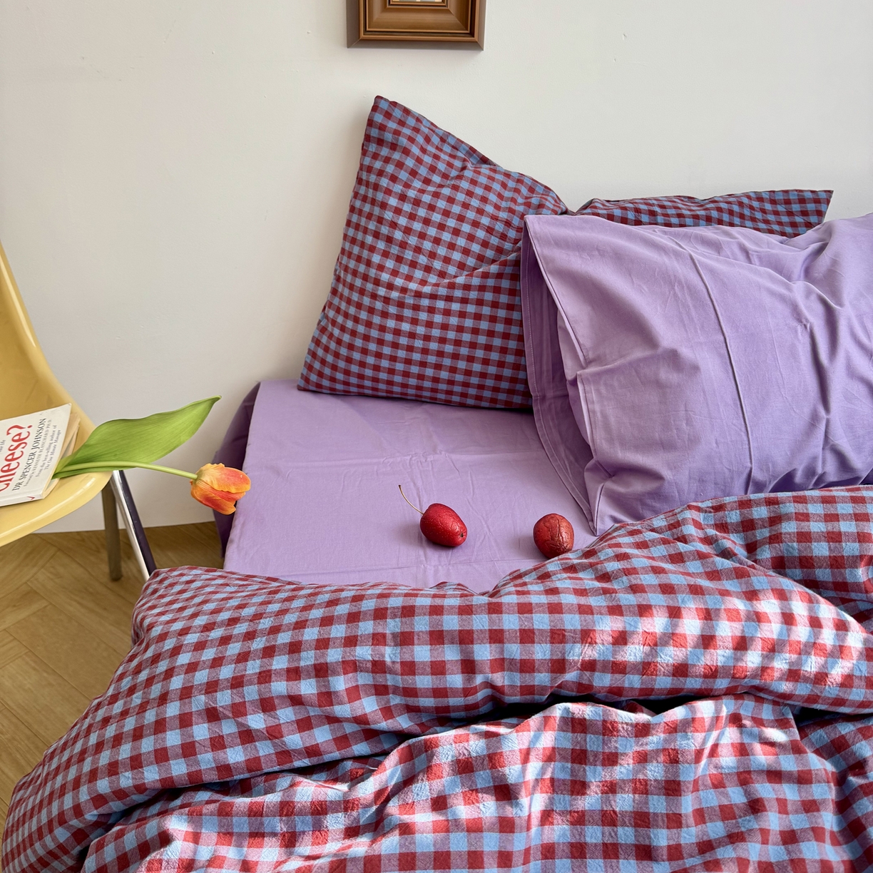 91家纺网 家纺一手货源 找家纺 例外 2026新款布拉格ins风色织水洗棉四件套 布拉格-臧红（梦紫底）