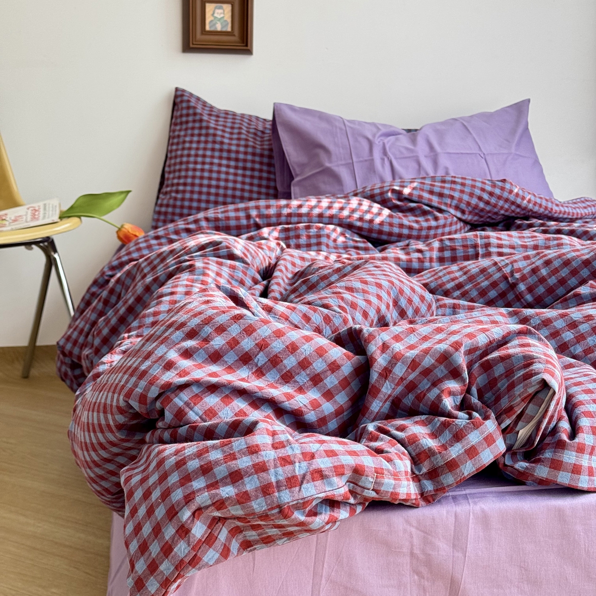 91家纺网 家纺一手货源 找家纺 例外 2026新款布拉格ins风色织水洗棉四件套 布拉格-臧红（梦紫底）